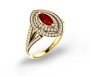 Double Halo Split Shank Halo Ruby and Diamond Ring